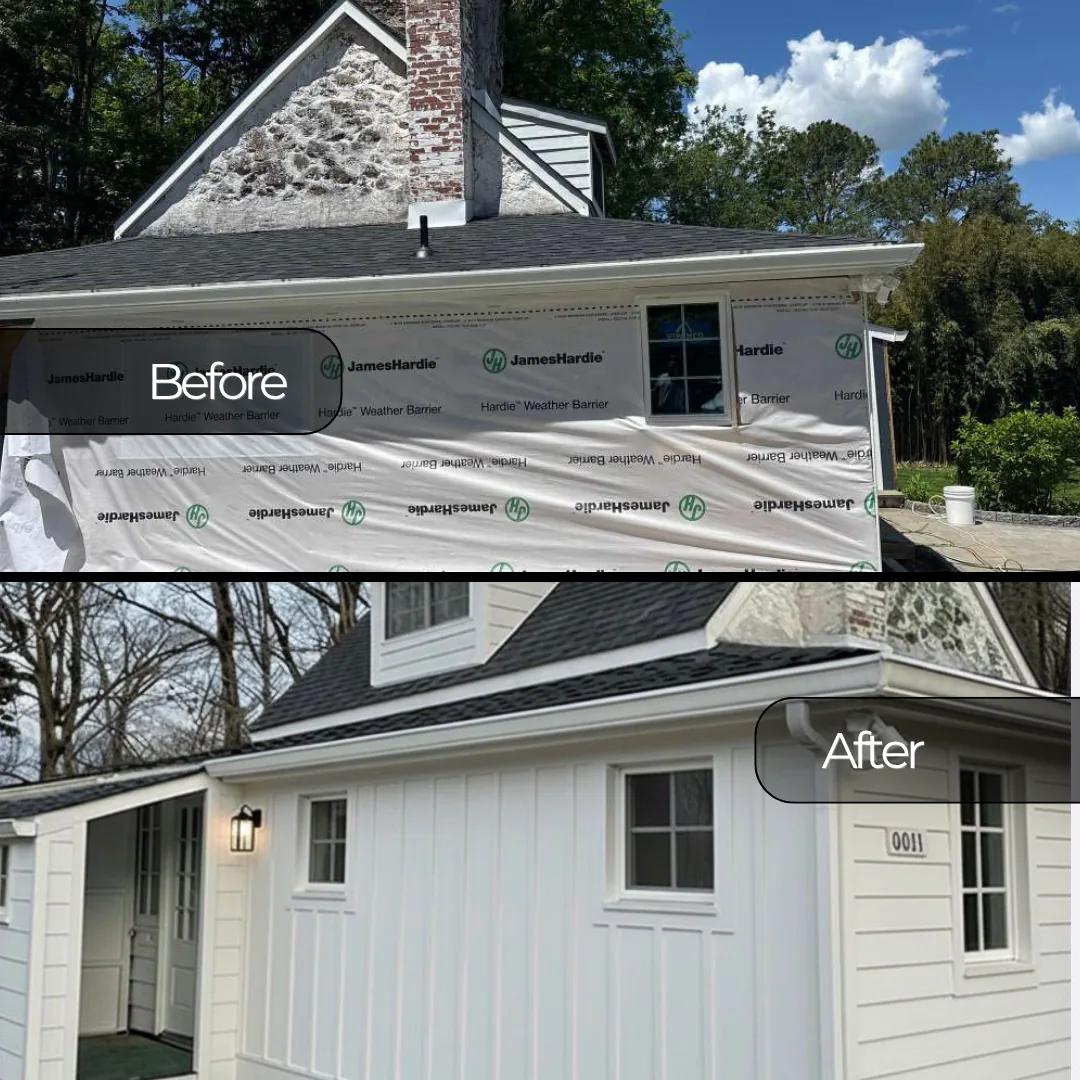 Before and after siding installation on house addition.