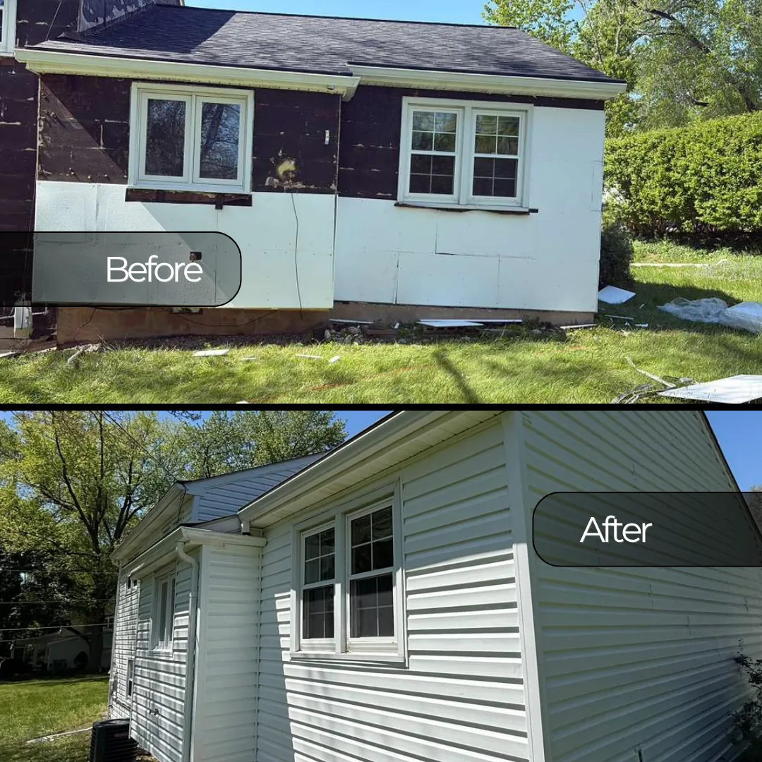 Before and after siding installation on house.
