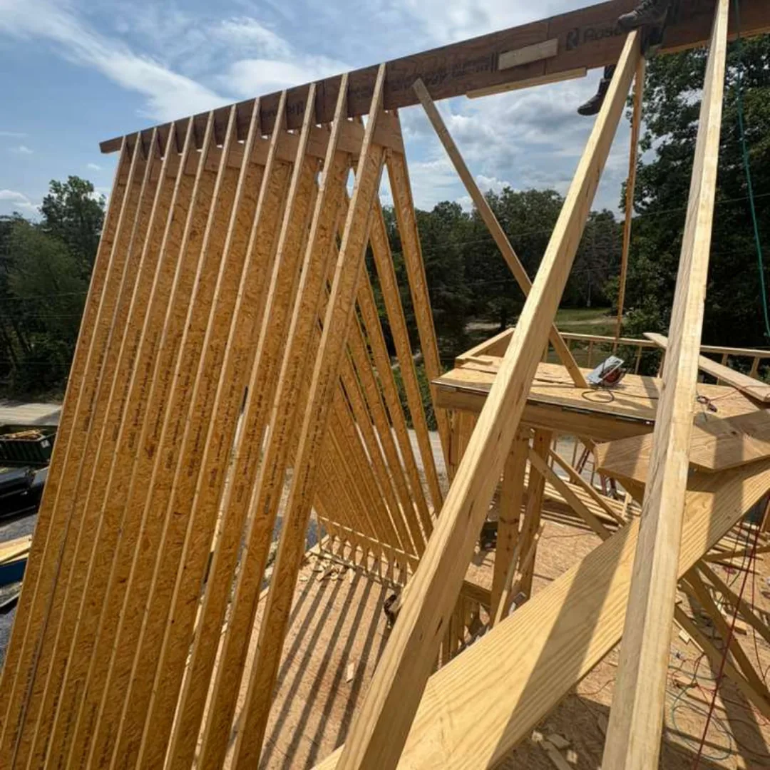 Roof trusses and framing on new construction home.